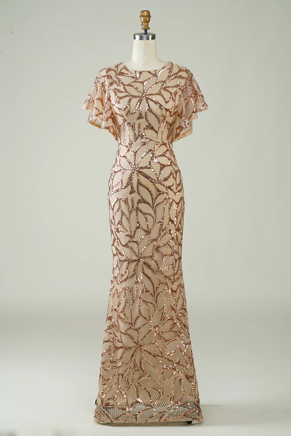 Vestido de fiesta largo color champán con lentejuelas y abertura en la espalda